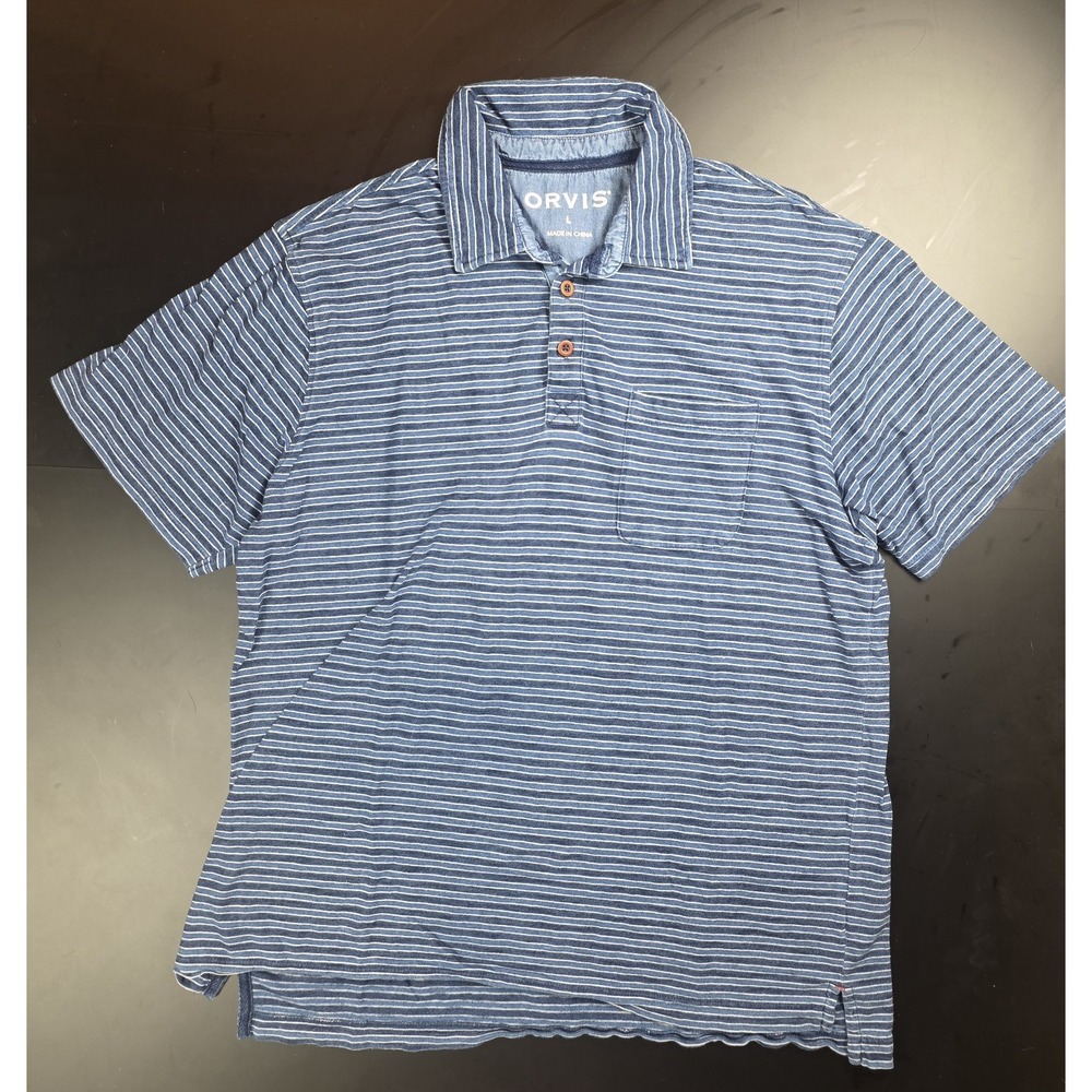 Orvis Polo Shirt Blue White Striped Short Sleeve Men's Size Large